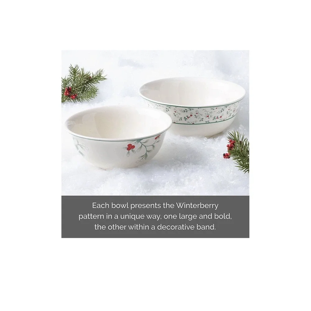 Pfaltzgraff Winterberry Holiday Set of 2 Nesting Serving Bowls‎ Stoneware NEW